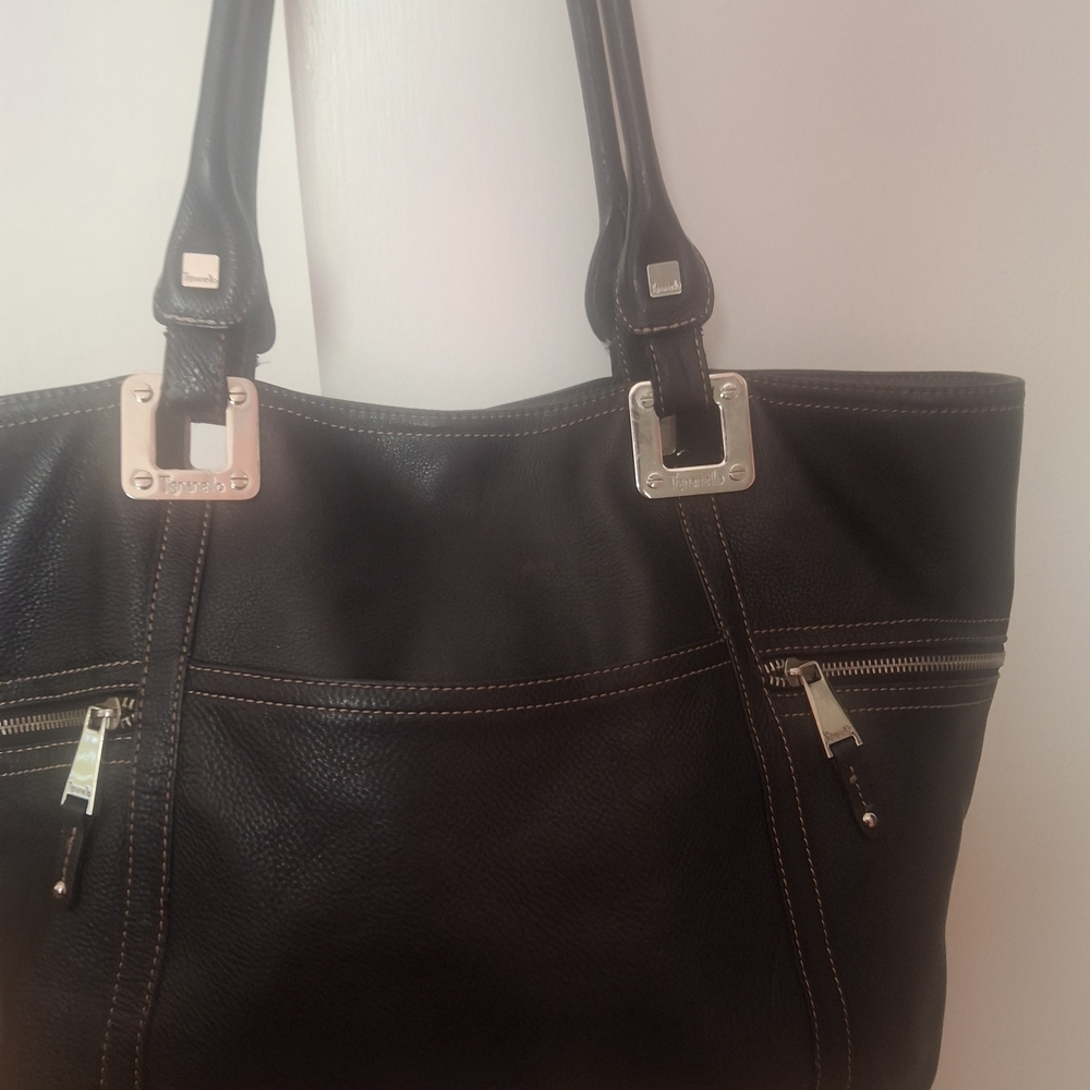 Large Black Leather Tignanello Tote Bag With Heavy Duty Silver Tone Hardware